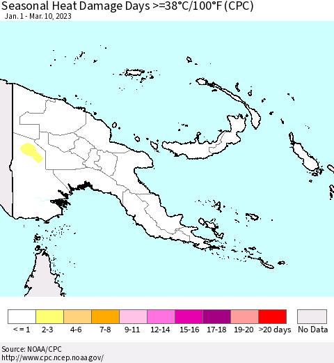 Papua New Guinea Seasonal Heat Damage Days >=38°C/100°F (CPC) Thematic Map For 1/1/2023 - 3/10/2023