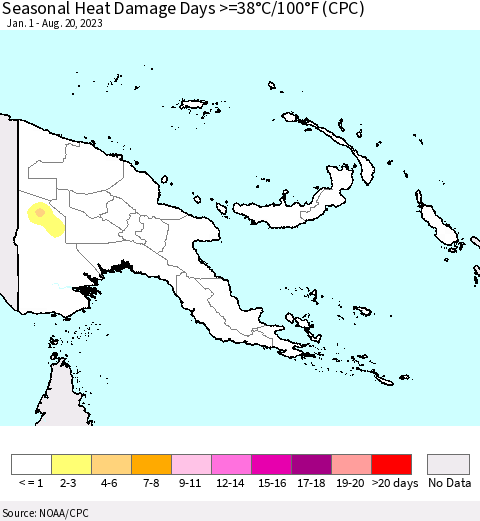Papua New Guinea Seasonal Heat Damage Days >=38°C/100°F (CPC) Thematic Map For 1/1/2023 - 8/20/2023