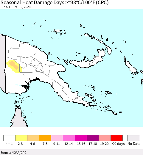 Papua New Guinea Seasonal Heat Damage Days >=38°C/100°F (CPC) Thematic Map For 1/1/2023 - 12/10/2023