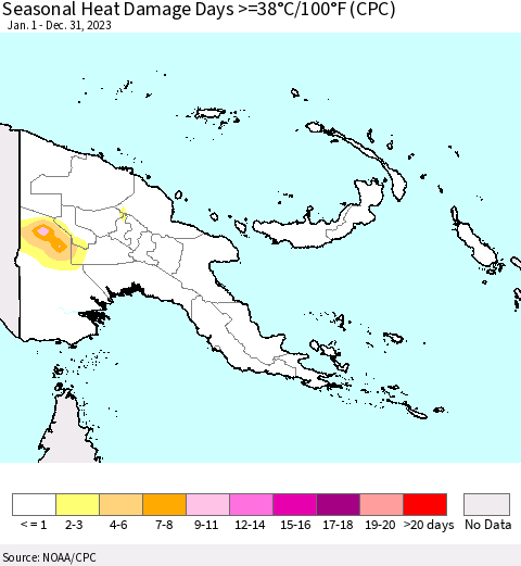 Papua New Guinea Seasonal Heat Damage Days >=38°C/100°F (CPC) Thematic Map For 1/1/2023 - 12/31/2023