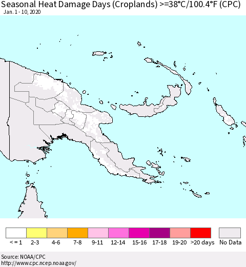 Papua New Guinea Seasonal Heat Damage Days (Croplands) >=38°C/100°F (CPC) Thematic Map For 1/1/2020 - 1/10/2020