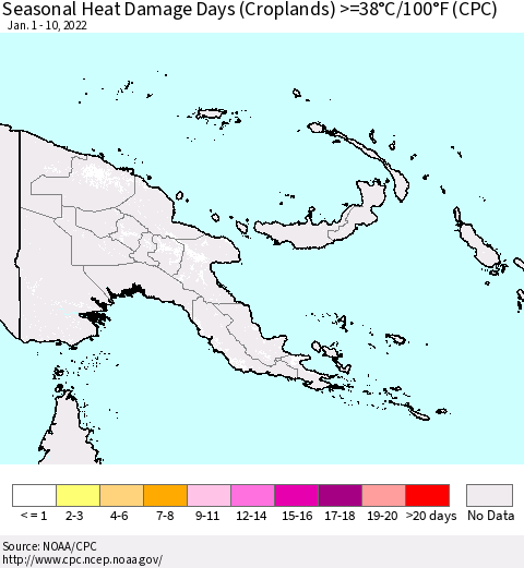 Papua New Guinea Seasonal Heat Damage Days (Croplands) >=38°C/100°F (CPC) Thematic Map For 1/1/2022 - 1/10/2022