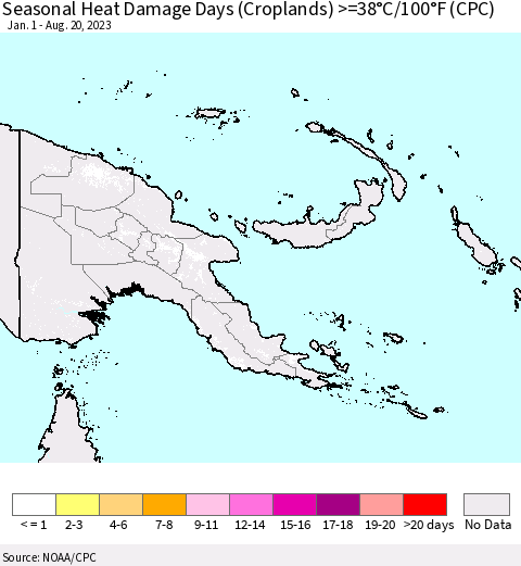 Papua New Guinea Seasonal Heat Damage Days (Croplands) >=38°C/100°F (CPC) Thematic Map For 1/1/2023 - 8/20/2023