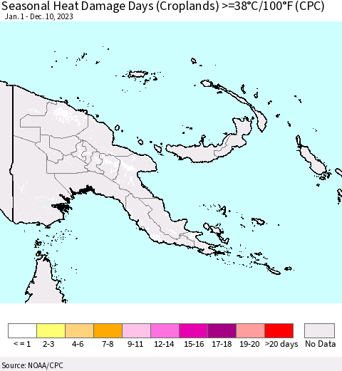 Papua New Guinea Seasonal Heat Damage Days (Croplands) >=38°C/100°F (CPC) Thematic Map For 1/1/2023 - 12/10/2023