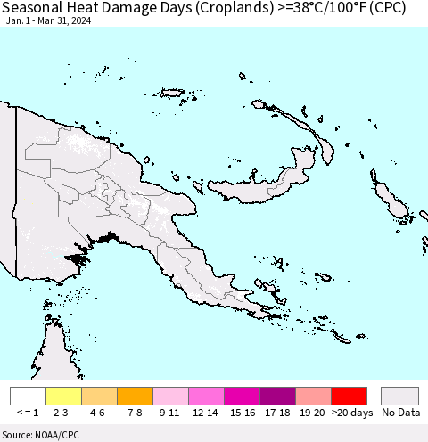 Papua New Guinea Seasonal Heat Damage Days (Croplands) >=38°C/100°F (CPC) Thematic Map For 1/1/2024 - 3/31/2024