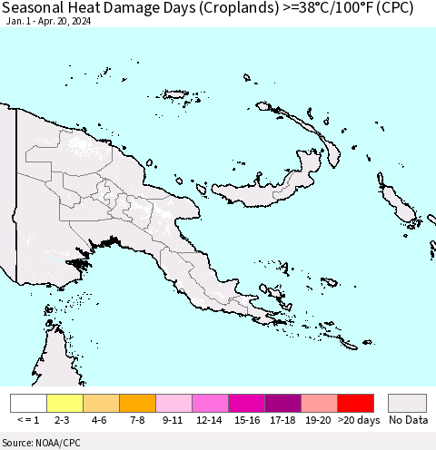 Papua New Guinea Seasonal Heat Damage Days (Croplands) >=38°C/100°F (CPC) Thematic Map For 1/1/2024 - 4/20/2024