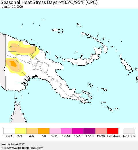 Papua New Guinea Seasonal Heat Stress Days >=35°C/95°F (CPC) Thematic Map For 1/1/2020 - 1/10/2020