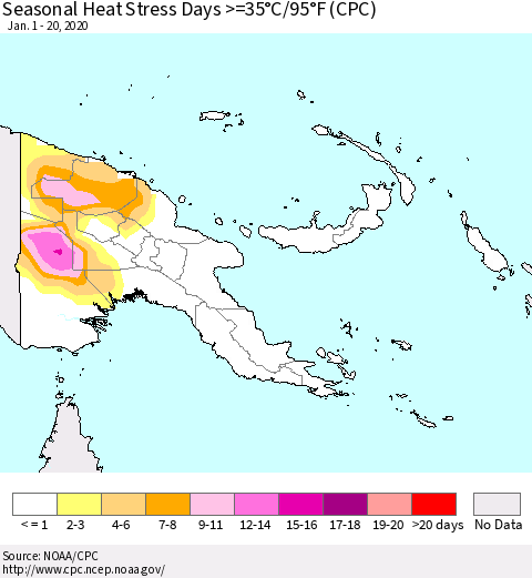 Papua New Guinea Seasonal Heat Stress Days >=35°C/95°F (CPC) Thematic Map For 1/1/2020 - 1/20/2020
