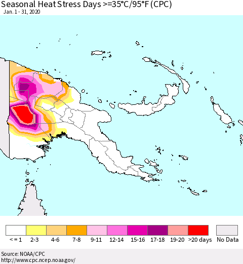Papua New Guinea Seasonal Heat Stress Days >=35°C/95°F (CPC) Thematic Map For 1/1/2020 - 1/31/2020