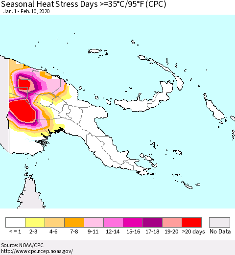 Papua New Guinea Seasonal Heat Stress Days >=35°C/95°F (CPC) Thematic Map For 1/1/2020 - 2/10/2020