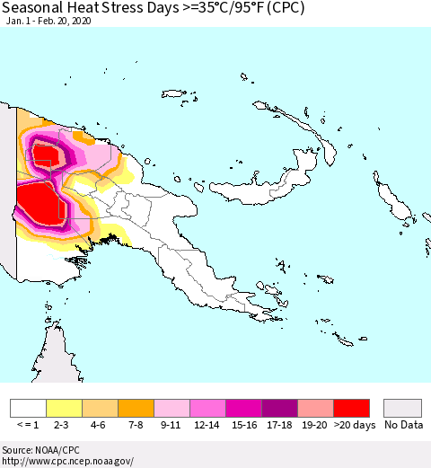 Papua New Guinea Seasonal Heat Stress Days >=35°C/95°F (CPC) Thematic Map For 1/1/2020 - 2/20/2020