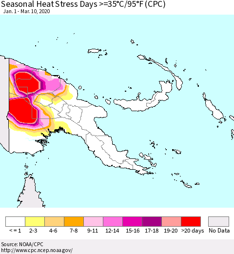 Papua New Guinea Seasonal Heat Stress Days >=35°C/95°F (CPC) Thematic Map For 1/1/2020 - 3/10/2020