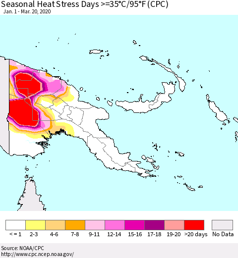 Papua New Guinea Seasonal Heat Stress Days >=35°C/95°F (CPC) Thematic Map For 1/1/2020 - 3/20/2020