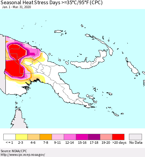 Papua New Guinea Seasonal Heat Stress Days >=35°C/95°F (CPC) Thematic Map For 1/1/2020 - 3/31/2020