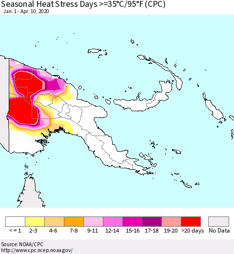 Papua New Guinea Seasonal Heat Stress Days >=35°C/95°F (CPC) Thematic Map For 1/1/2020 - 4/10/2020