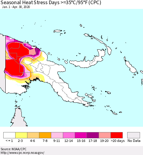 Papua New Guinea Seasonal Heat Stress Days >=35°C/95°F (CPC) Thematic Map For 1/1/2020 - 4/30/2020
