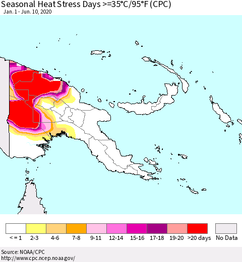 Papua New Guinea Seasonal Heat Stress Days >=35°C/95°F (CPC) Thematic Map For 1/1/2020 - 6/10/2020