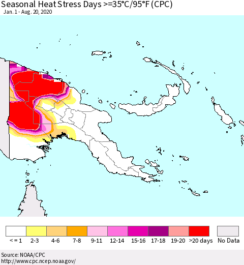 Papua New Guinea Seasonal Heat Stress Days >=35°C/95°F (CPC) Thematic Map For 1/1/2020 - 8/20/2020