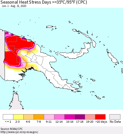 Papua New Guinea Seasonal Heat Stress Days >=35°C/95°F (CPC) Thematic Map For 1/1/2020 - 8/31/2020