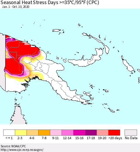 Papua New Guinea Seasonal Heat Stress Days >=35°C/95°F (CPC) Thematic Map For 1/1/2020 - 10/10/2020