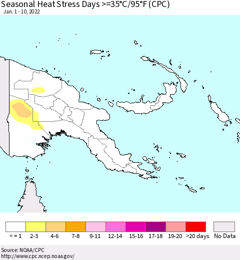 Papua New Guinea Seasonal Heat Stress Days >=35°C/95°F (CPC) Thematic Map For 1/1/2022 - 1/10/2022