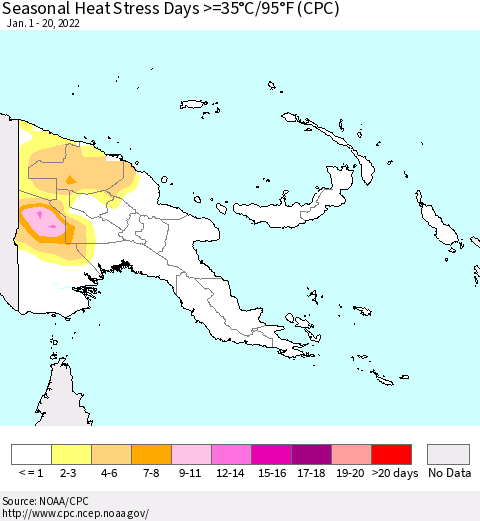 Papua New Guinea Seasonal Heat Stress Days >=35°C/95°F (CPC) Thematic Map For 1/1/2022 - 1/20/2022