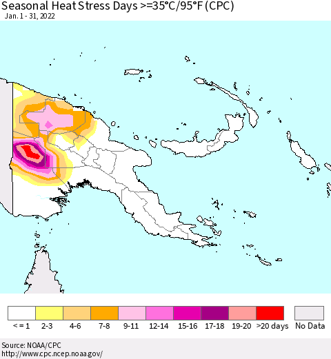 Papua New Guinea Seasonal Heat Stress Days >=35°C/95°F (CPC) Thematic Map For 1/1/2022 - 1/31/2022