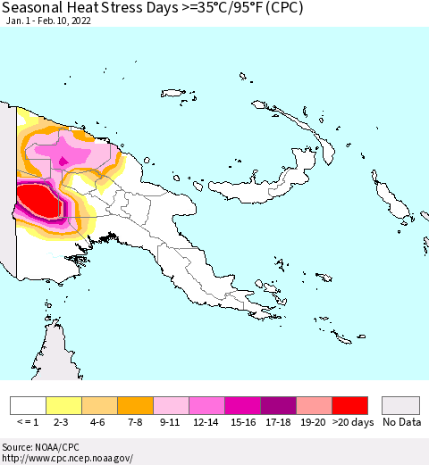 Papua New Guinea Seasonal Heat Stress Days >=35°C/95°F (CPC) Thematic Map For 1/1/2022 - 2/10/2022