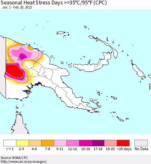 Papua New Guinea Seasonal Heat Stress Days >=35°C/95°F (CPC) Thematic Map For 1/1/2022 - 2/20/2022