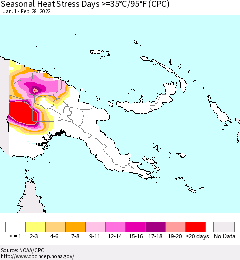 Papua New Guinea Seasonal Heat Stress Days >=35°C/95°F (CPC) Thematic Map For 1/1/2022 - 2/28/2022