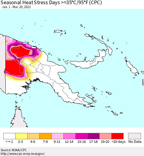 Papua New Guinea Seasonal Heat Stress Days >=35°C/95°F (CPC) Thematic Map For 1/1/2022 - 3/20/2022