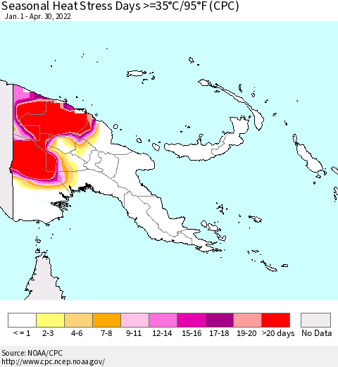 Papua New Guinea Seasonal Heat Stress Days >=35°C/95°F (CPC) Thematic Map For 1/1/2022 - 4/30/2022