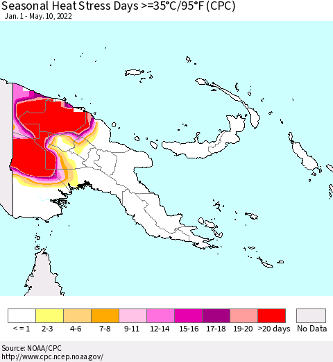 Papua New Guinea Seasonal Heat Stress Days >=35°C/95°F (CPC) Thematic Map For 1/1/2022 - 5/10/2022