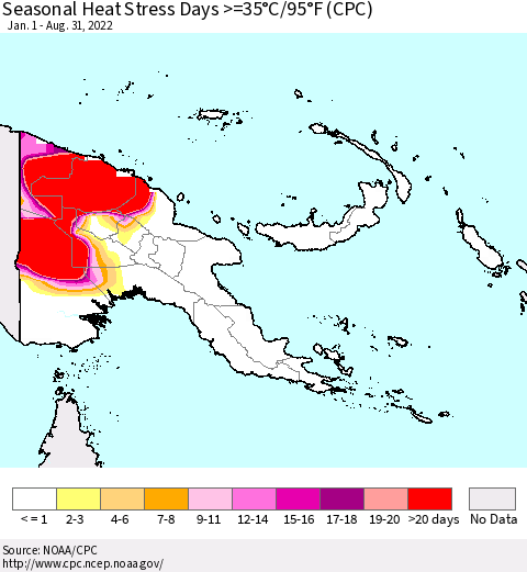 Papua New Guinea Seasonal Heat Stress Days >=35°C/95°F (CPC) Thematic Map For 1/1/2022 - 8/31/2022