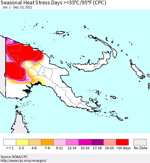 Papua New Guinea Seasonal Heat Stress Days >=35°C/95°F (CPC) Thematic Map For 1/1/2022 - 9/10/2022