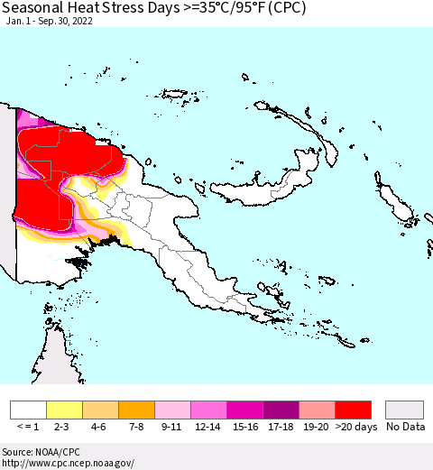 Papua New Guinea Seasonal Heat Stress Days >=35°C/95°F (CPC) Thematic Map For 1/1/2022 - 9/30/2022