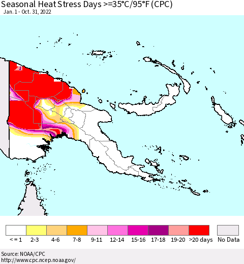 Papua New Guinea Seasonal Heat Stress Days >=35°C/95°F (CPC) Thematic Map For 1/1/2022 - 10/31/2022