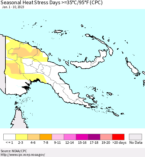 Papua New Guinea Seasonal Heat Stress Days >=35°C/95°F (CPC) Thematic Map For 1/1/2023 - 1/10/2023