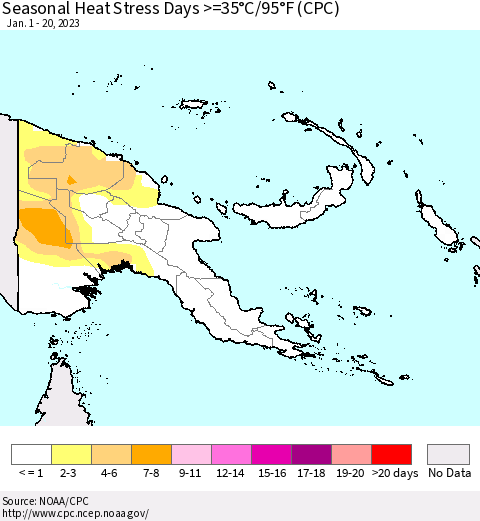 Papua New Guinea Seasonal Heat Stress Days >=35°C/95°F (CPC) Thematic Map For 1/1/2023 - 1/20/2023