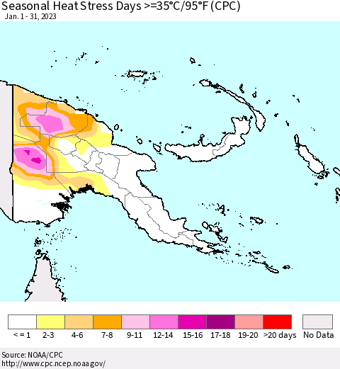 Papua New Guinea Seasonal Heat Stress Days >=35°C/95°F (CPC) Thematic Map For 1/1/2023 - 1/31/2023