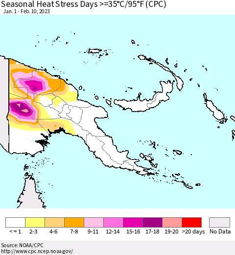 Papua New Guinea Seasonal Heat Stress Days >=35°C/95°F (CPC) Thematic Map For 1/1/2023 - 2/10/2023
