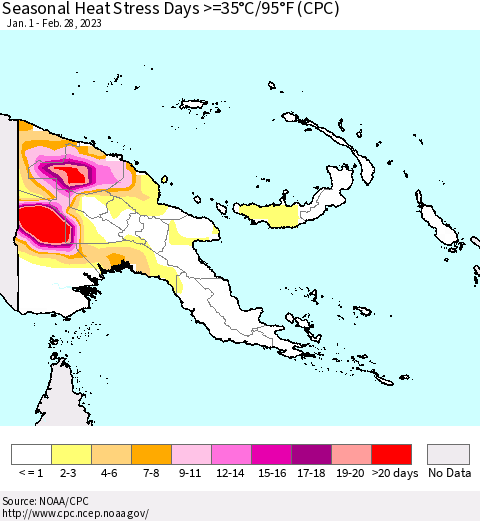 Papua New Guinea Seasonal Heat Stress Days >=35°C/95°F (CPC) Thematic Map For 1/1/2023 - 2/28/2023
