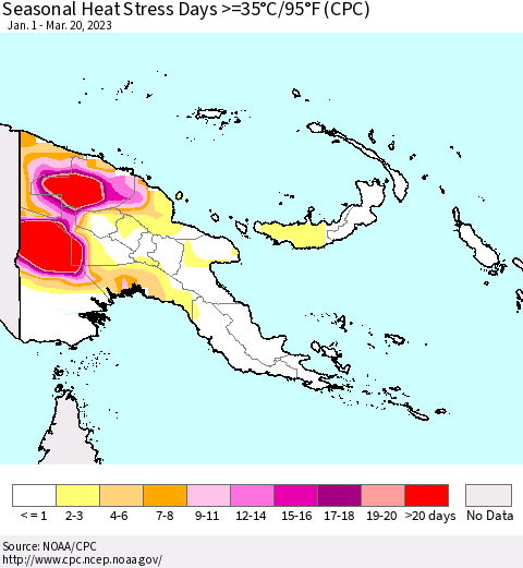 Papua New Guinea Seasonal Heat Stress Days >=35°C/95°F (CPC) Thematic Map For 1/1/2023 - 3/20/2023