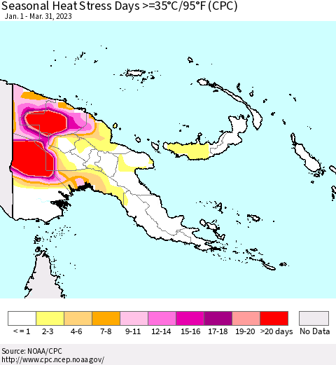Papua New Guinea Seasonal Heat Stress Days >=35°C/95°F (CPC) Thematic Map For 1/1/2023 - 3/31/2023
