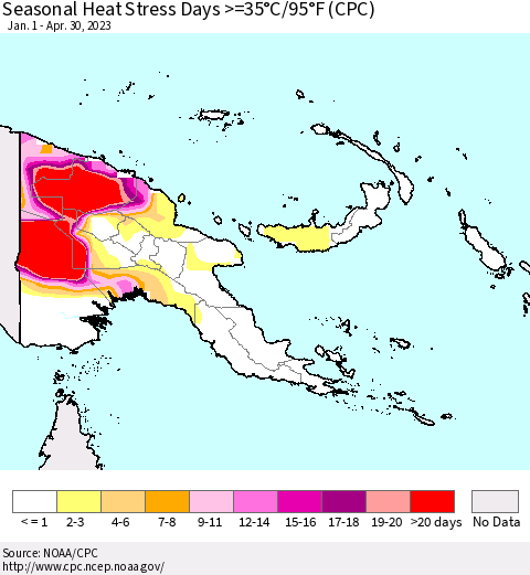 Papua New Guinea Seasonal Heat Stress Days >=35°C/95°F (CPC) Thematic Map For 1/1/2023 - 4/30/2023