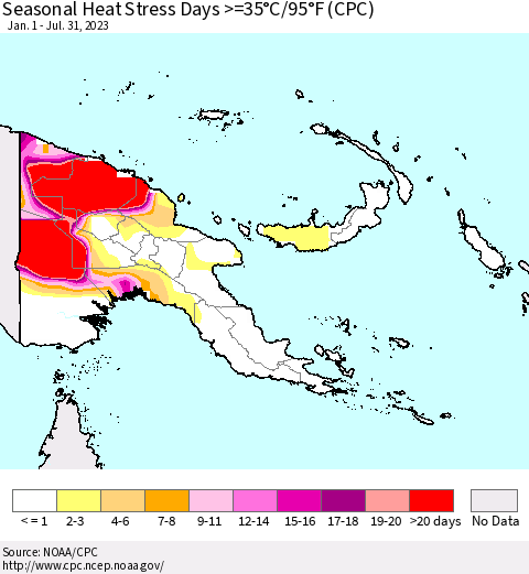 Papua New Guinea Seasonal Heat Stress Days >=35°C/95°F (CPC) Thematic Map For 1/1/2023 - 7/31/2023
