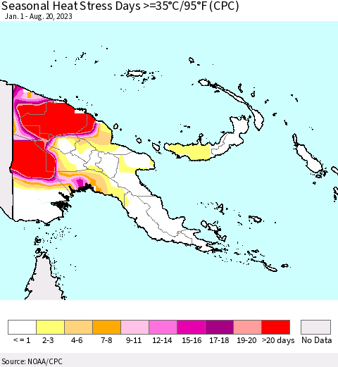 Papua New Guinea Seasonal Heat Stress Days >=35°C/95°F (CPC) Thematic Map For 1/1/2023 - 8/20/2023