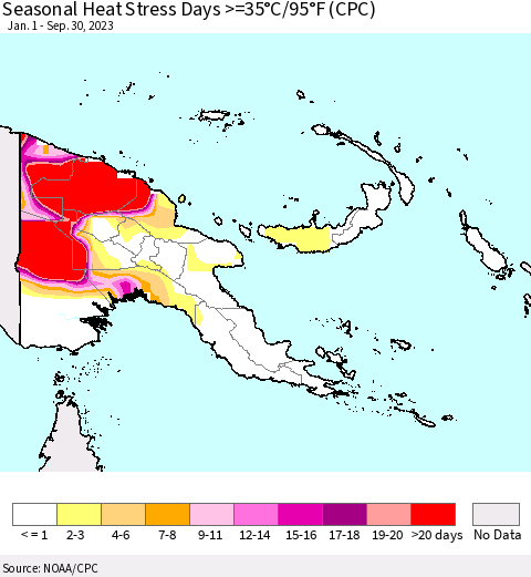 Papua New Guinea Seasonal Heat Stress Days >=35°C/95°F (CPC) Thematic Map For 1/1/2023 - 9/30/2023