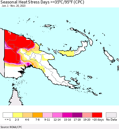Papua New Guinea Seasonal Heat Stress Days >=35°C/95°F (CPC) Thematic Map For 1/1/2023 - 11/20/2023