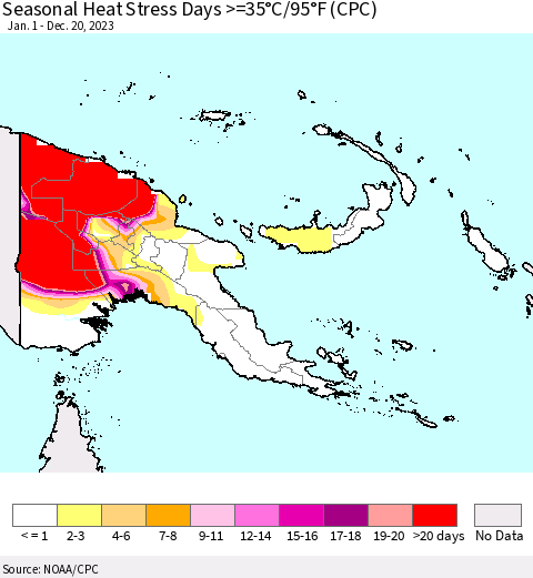 Papua New Guinea Seasonal Heat Stress Days >=35°C/95°F (CPC) Thematic Map For 1/1/2023 - 12/20/2023